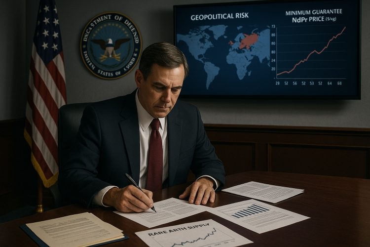 Funcionario del Departamento de Defensa revisa gráficos y mapa de riesgo sobre tierras raras