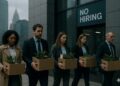 Personas corporativo en EE. UU. con cajas de pertenencias salen de una oficina moderna bajo cielo gris, con un cartel de “No Hiring” al fondo.