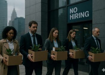 Personas corporativo en EE. UU. con cajas de pertenencias salen de una oficina moderna bajo cielo gris, con un cartel de “No Hiring” al fondo.