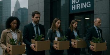 Personas corporativo en EE. UU. con cajas de pertenencias salen de una oficina moderna bajo cielo gris, con un cartel de “No Hiring” al fondo.