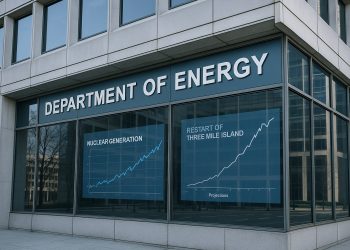 Edificio del Departamento de Energía con ventanales que reflejan gráficos de generación nuclear y reinicio de Three Mile Island