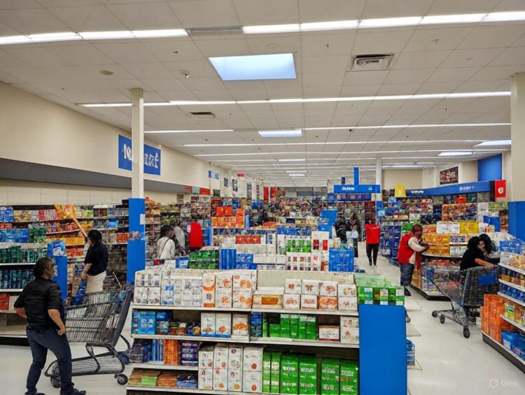 Interior amplio de un supermercado Walmart con familias comprando, empleados reponiendo estanterías y carritos en movimiento bajo iluminación LED brillante