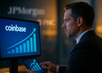 Analistas observa pantalla con gráfico ascendente y logotipo de Coinbase, con JPMorgan y PNC al fondo.