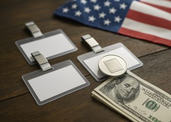 Tres identificaciones laborales nuevas sobre mesa con bandera de EE. UU. desenfocada al fondo.