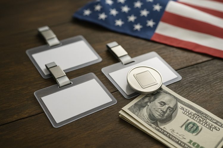 Tres identificaciones laborales nuevas sobre mesa con bandera de EE. UU. desenfocada al fondo.