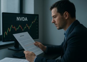 Analista financiero trabajando en un escritorio con múltiples gráficos y reportes de nvidia, en una oficina iluminada y profesional.