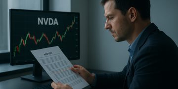 Analista financiero trabajando en un escritorio con múltiples gráficos y reportes de nvidia, en una oficina iluminada y profesional.