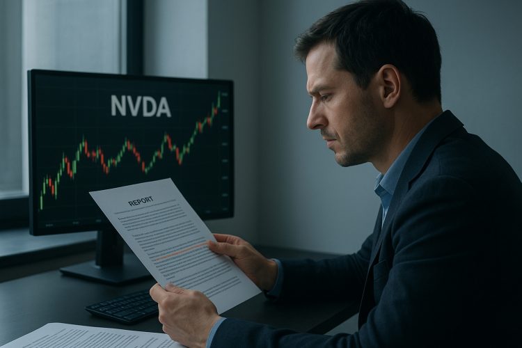 Analista financiero trabajando en un escritorio con múltiples gráficos y reportes de nvidia, en una oficina iluminada y profesional.