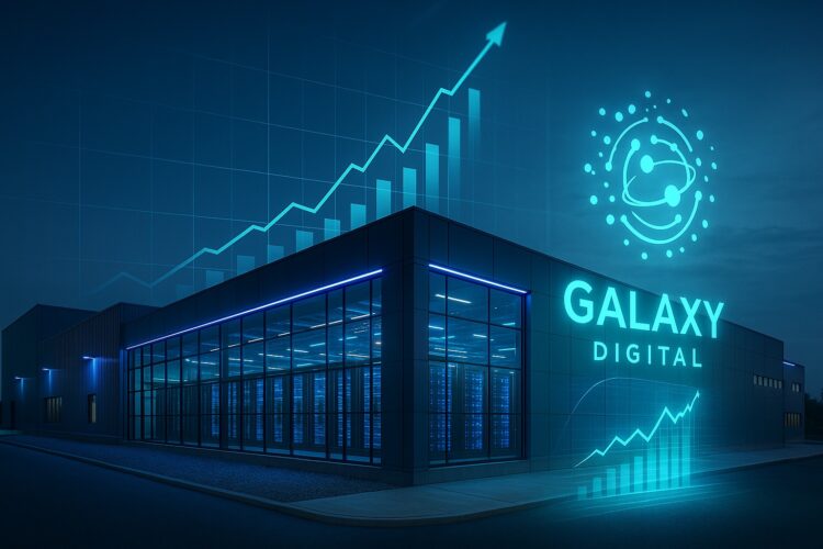 Vista panorámica de centro de datos moderno con luces azules y holograma de Galaxy Digital junto a un gráfico financiero ascendente