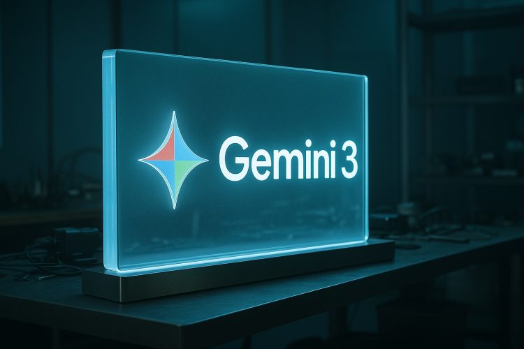 Panel acrílico retroiluminado con el logo de Gemini 3 frente a una mesa técnica en laboratorio.