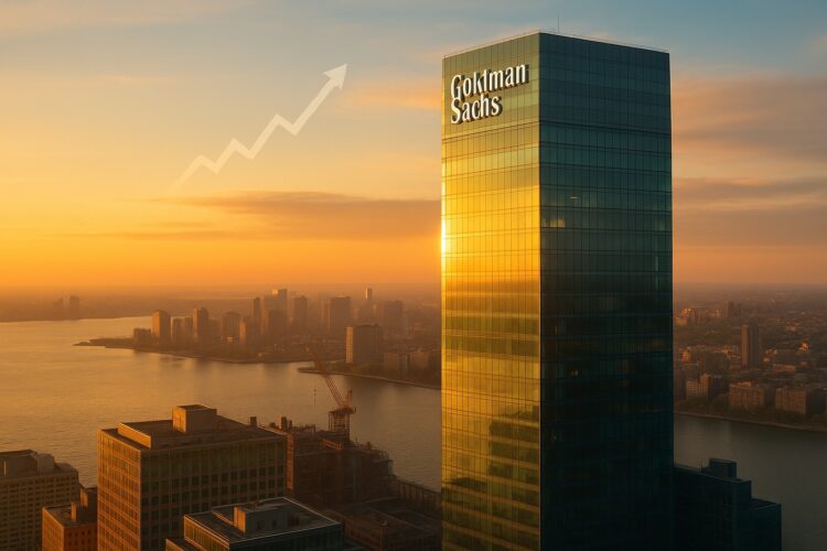 Vista aérea del rascacielos de Goldman Sachs con reflejos dorados y gráfico ascendente en el cielo.