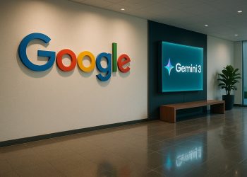 Lobby de Google con el logo de Google junto al panel iluminado de Gemini 3.