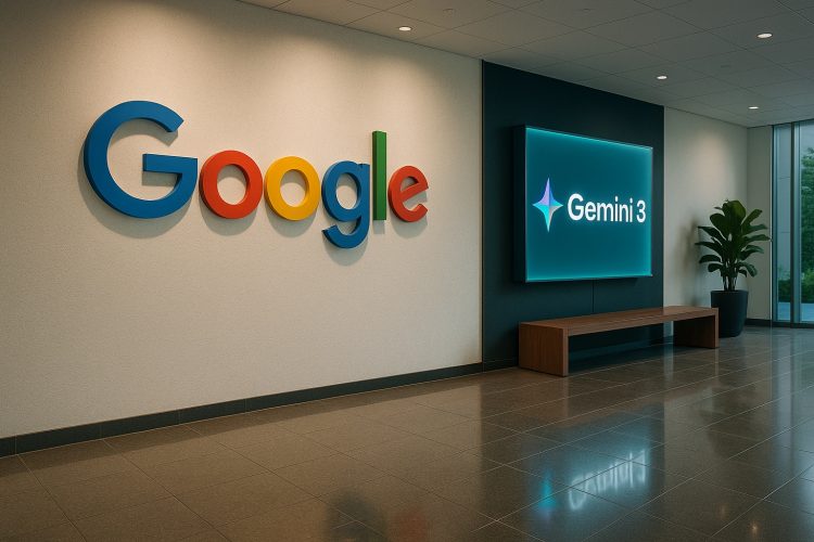 Lobby de Google con el logo de Google junto al panel iluminado de Gemini 3.