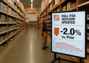 Pasillo de Home Depot con asociado reorganizando estantes y cartel digital con previsión a la baja