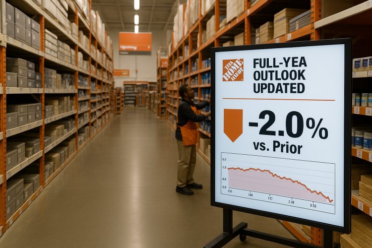 Pasillo de Home Depot con asociado reorganizando estantes y cartel digital con previsión a la baja