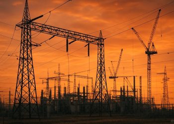 Vista panorámica de subestación eléctrica con grúas y nuevas líneas de transmisión en construcción bajo cielo naranja del ocaso, reflejando expansión de red bajo presión energética