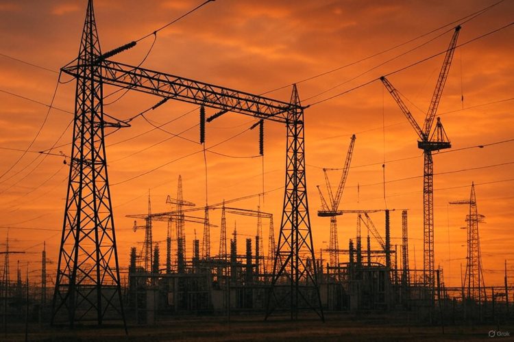 Vista panorámica de subestación eléctrica con grúas y nuevas líneas de transmisión en construcción bajo cielo naranja del ocaso, reflejando expansión de red bajo presión energética