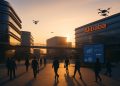 Vista panorámica del campus de Alibaba al atardecer con drones y empleados saliendo entre edificios futuristas