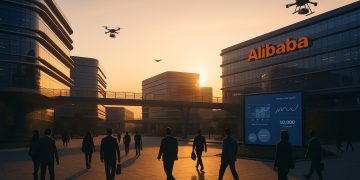 Vista panorámica del campus de Alibaba al atardecer con drones y empleados saliendo entre edificios futuristas