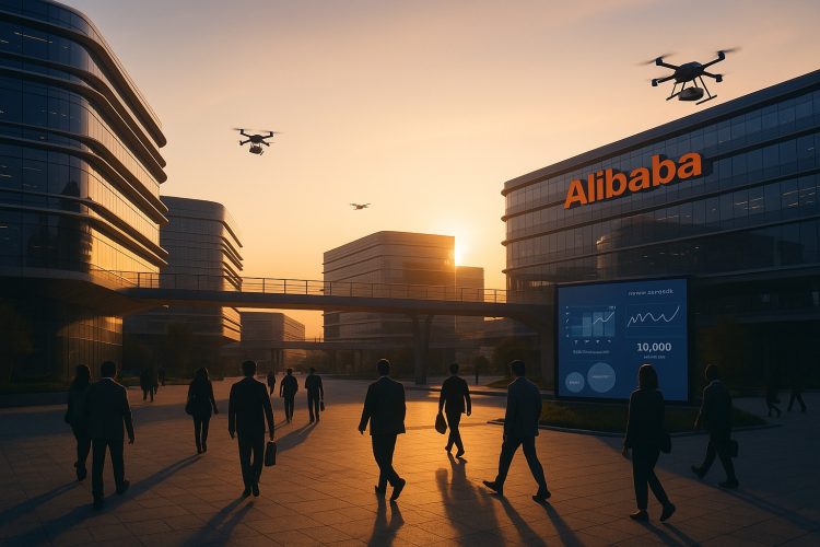 Vista panorámica del campus de Alibaba al atardecer con drones y empleados saliendo entre edificios futuristas