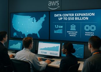 Sala de control de AWS con mapas, métricas de capacidad y monitoreo de inversión en infraestructura tecnológica