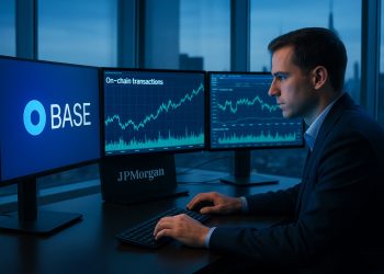 Analista de JPMorgan observa gráficos de Base y flujos on-chain frente al skyline de Manhattan
