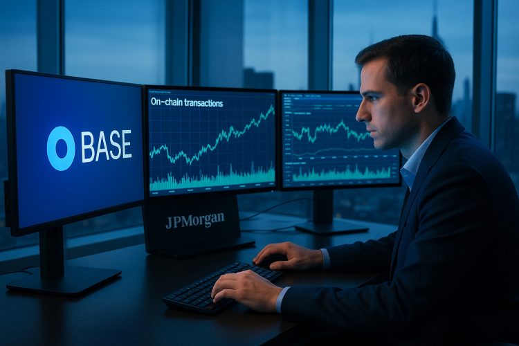 Analista de JPMorgan observa gráficos de Base y flujos on-chain frente al skyline de Manhattan