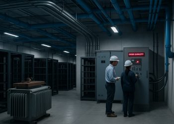 Ingenieros revisan panel eléctrico con alerta roja en centro de datos sin terminar