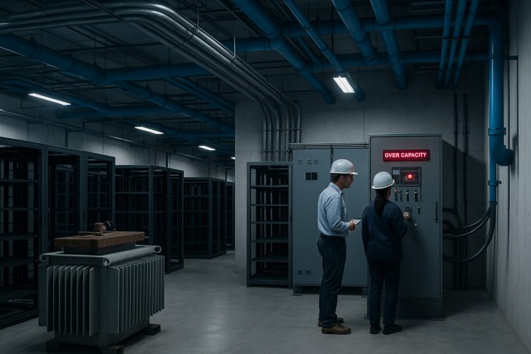 Ingenieros revisan panel eléctrico con alerta roja en centro de datos sin terminar