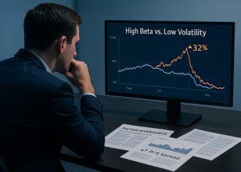 Analista observa gráfico donde high beta sube y se desploma mientras low volatility se mantiene estable
