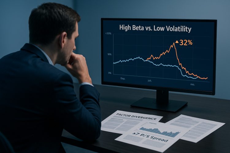 Analista observa gráfico donde high beta sube y se desploma mientras low volatility se mantiene estable