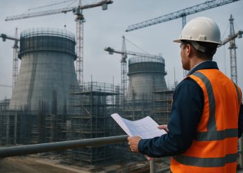Técnico con planos observa construcción de reactores con grúas y andamios