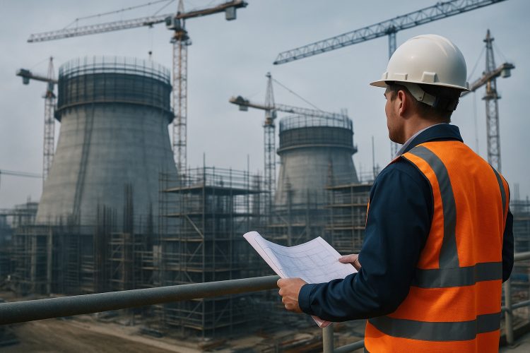 Técnico con planos observa construcción de reactores con grúas y andamios