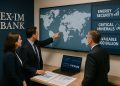 Equipo del Ex-Im Bank revisa mapa con Egipto, Pakistán y Europa junto a pantalla con datos de seguridad energética y financiamiento
