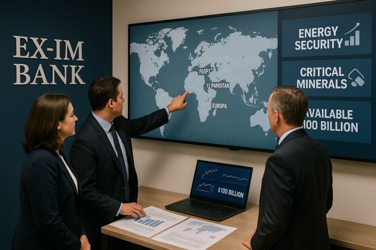 Equipo del Ex-Im Bank revisa mapa con Egipto, Pakistán y Europa junto a pantalla con datos de seguridad energética y financiamiento