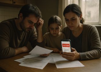 Padres y niña revisan documentos en la cocina mientras un móvil muestra aviso de pago vencido