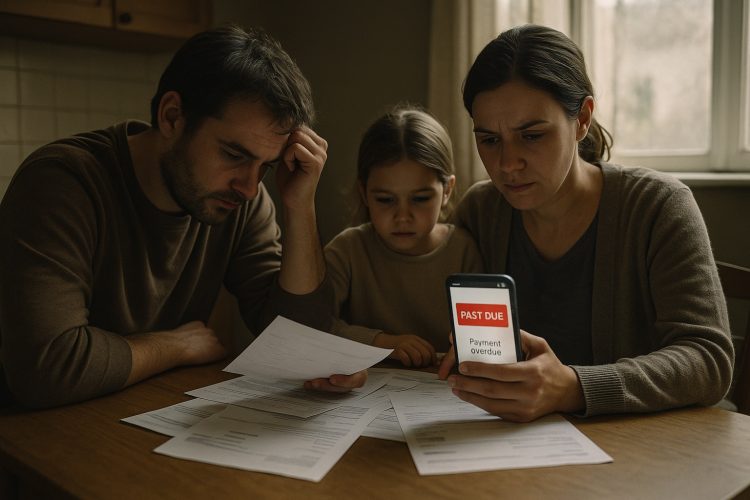 Padres y niña revisan documentos en la cocina mientras un móvil muestra aviso de pago vencido