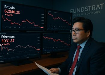 Tom Lee observa pantallas con caídas de Bitcoin, Ethereum e índices bursátiles