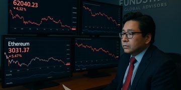 Tom Lee observa pantallas con caídas de Bitcoin, Ethereum e índices bursátiles