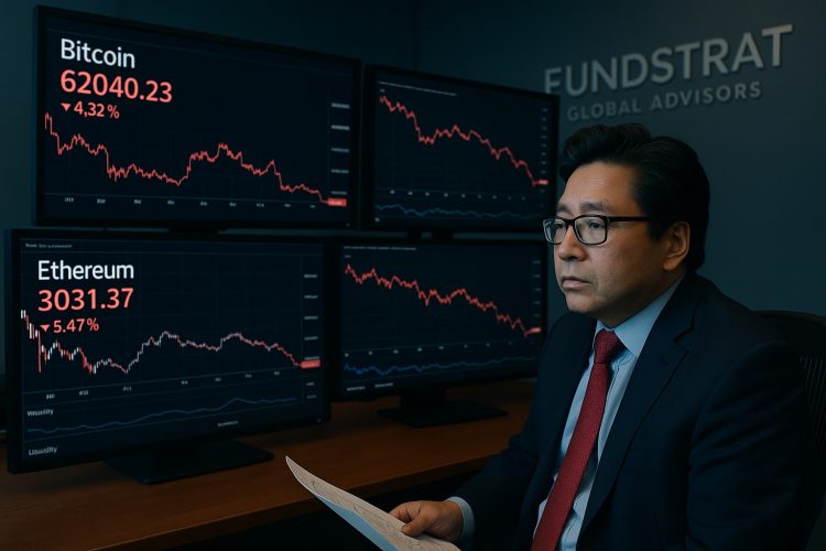 Tom Lee observa pantallas con caídas de Bitcoin, Ethereum e índices bursátiles