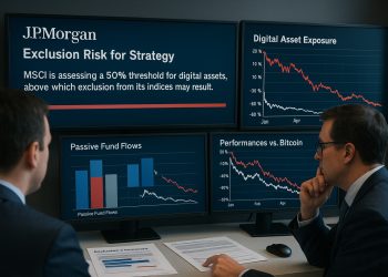 Equipo de JPMorgan revisa pantallas con métricas de riesgo, flujos pasivos y caída frente a Bitcoin