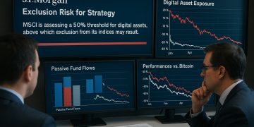 Equipo de JPMorgan revisa pantallas con métricas de riesgo, flujos pasivos y caída frente a Bitcoin