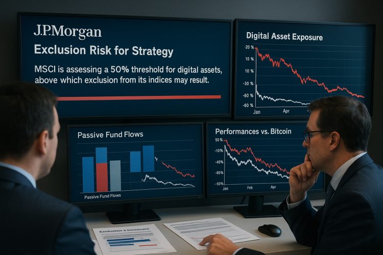 Equipo de JPMorgan revisa pantallas con métricas de riesgo, flujos pasivos y caída frente a Bitcoin