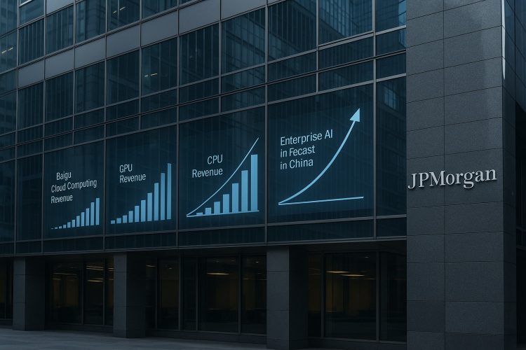 Edificio de JPMorgan cuyos ventanales muestran gráficos ascendentes sobre ingresos de GPU, nube e IA empresarial en China