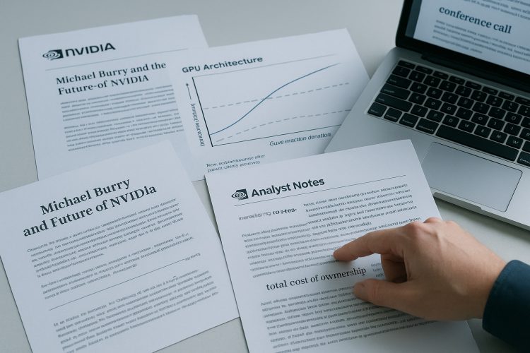 Mano señala informe con análisis de GPUs, notas de analistas y gráfico técnico en mesa de trabajo