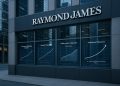 Fachada de Raymond James con ventanales que muestran gráficos ascendentes sobre valuación y expansión de Doximity