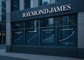 Fachada de Raymond James con ventanales que muestran gráficos ascendentes sobre valuación y expansión de Doximity