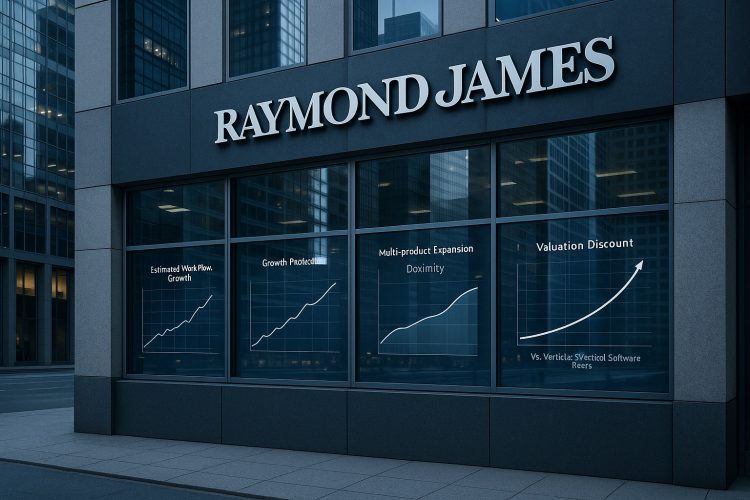 Fachada de Raymond James con ventanales que muestran gráficos ascendentes sobre valuación y expansión de Doximity