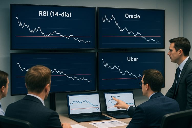 Sala de trading con analistas revisando gráficos RSI de Arista, Oracle y Uber en múltiples pantallas