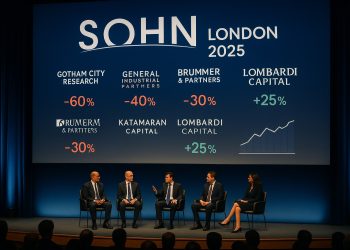 Escenario del Sohn London 2025 con panelistas y pantalla que muestra tesis bajistas y única proyección alcista